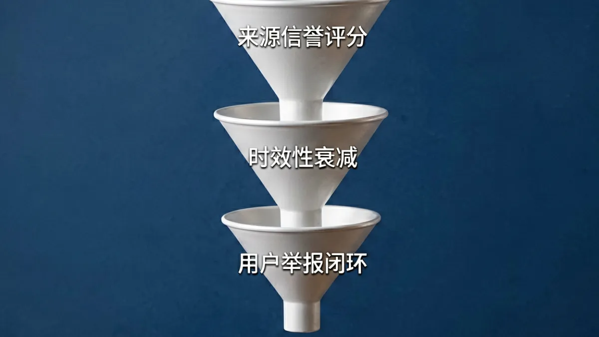 99网内容质量筛选机制三层漏斗示意图，从来源评分到时效衰减再到用户举报闭环逐层过滤