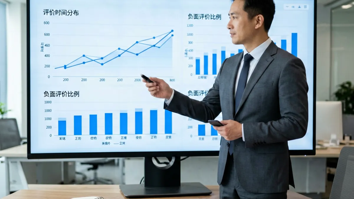 分析师在大屏幕前展示平台口碑数据分布图表，旁边标注有评价真实性指标